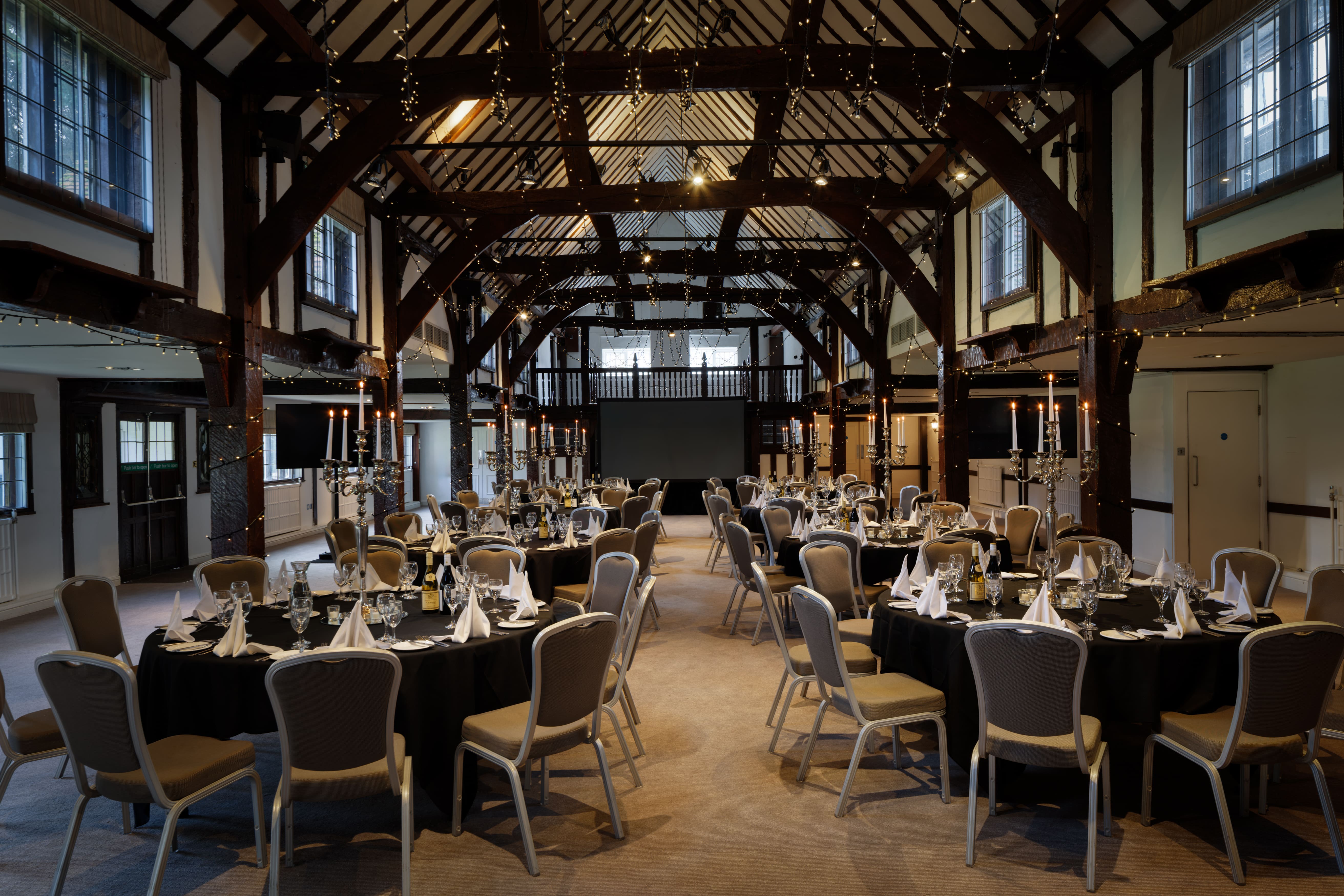 Barn Banquet Dinner Setup with Round Tables