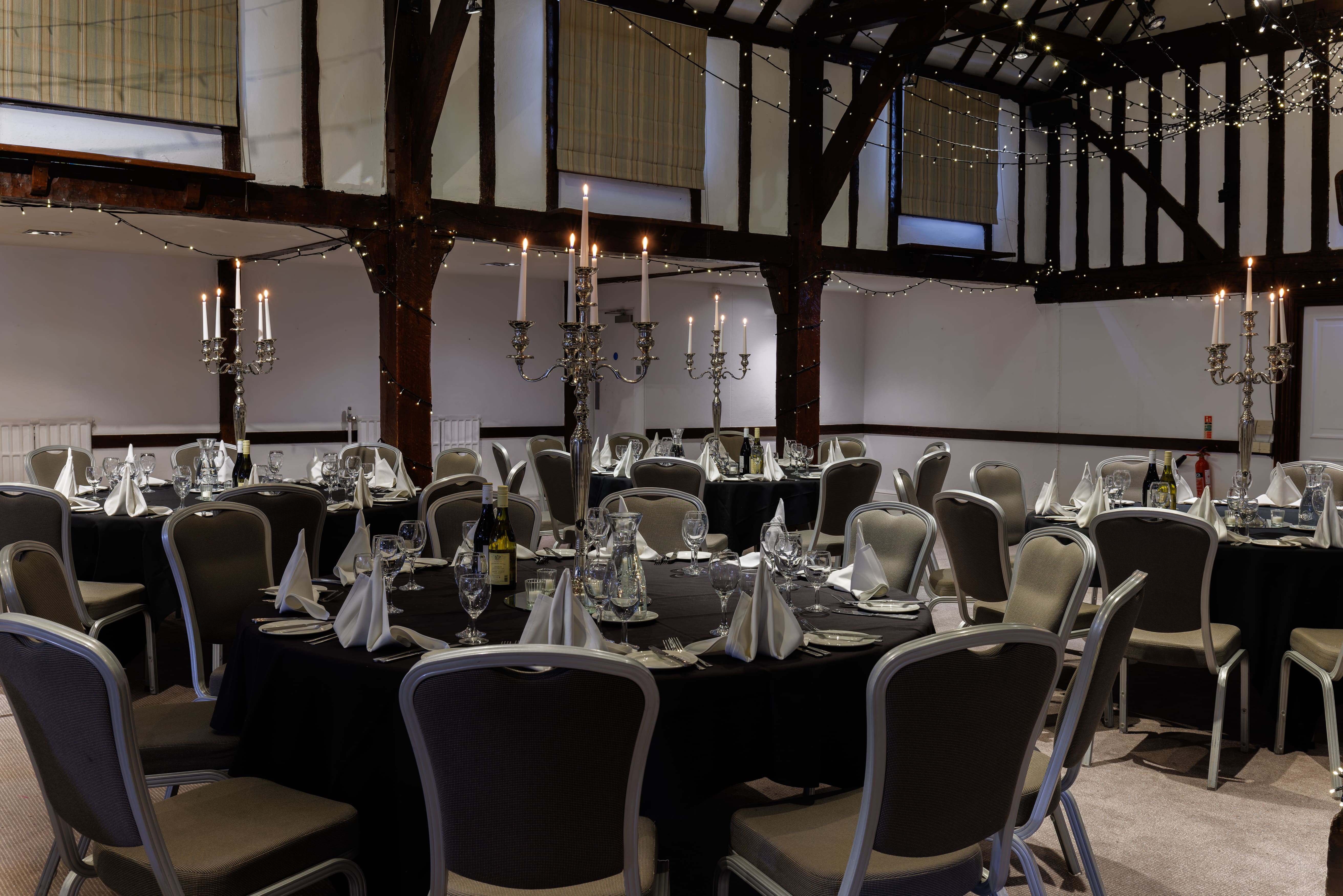 Barn Buffet Banquet Setup with Decorative Lighting